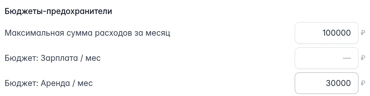 Месячные бюджеты: общий лимит 100 000 рублей и бюджет аренды 30 000 рублей