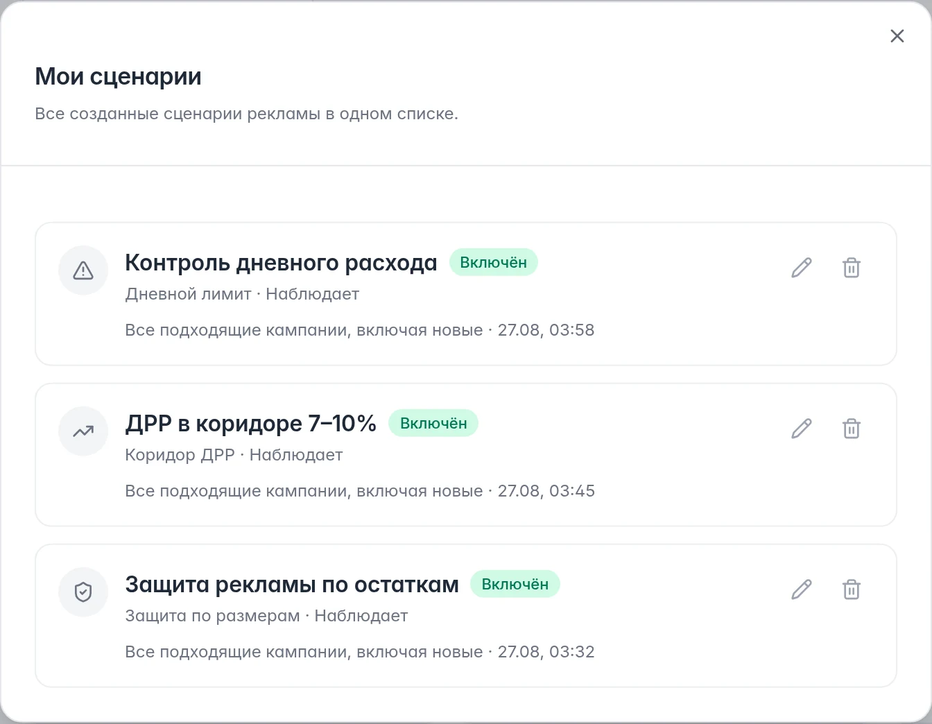 Мои сценарии Ozon: состояния, режимы, области кампаний, время проверки и кнопки редактирования и удаления