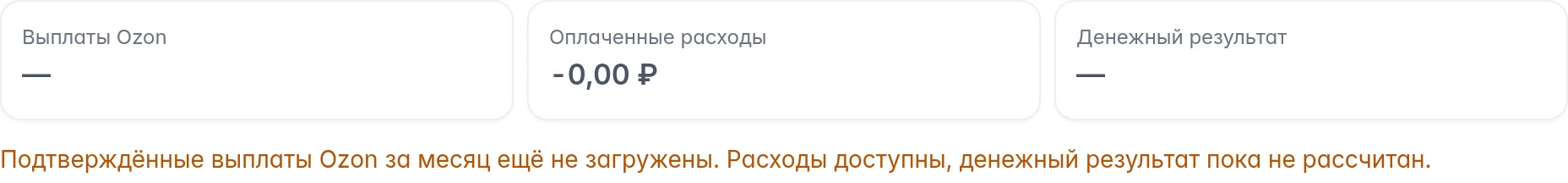 Денежные показатели Ozon и пояснение: выплаты не загружены, денежный результат ещё не рассчитан