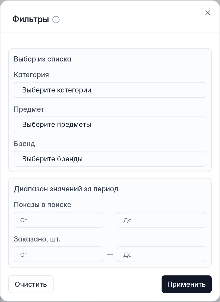 Фильтры воронки Ozon по категории, предмету, бренду, показам в поиске и количеству заказов