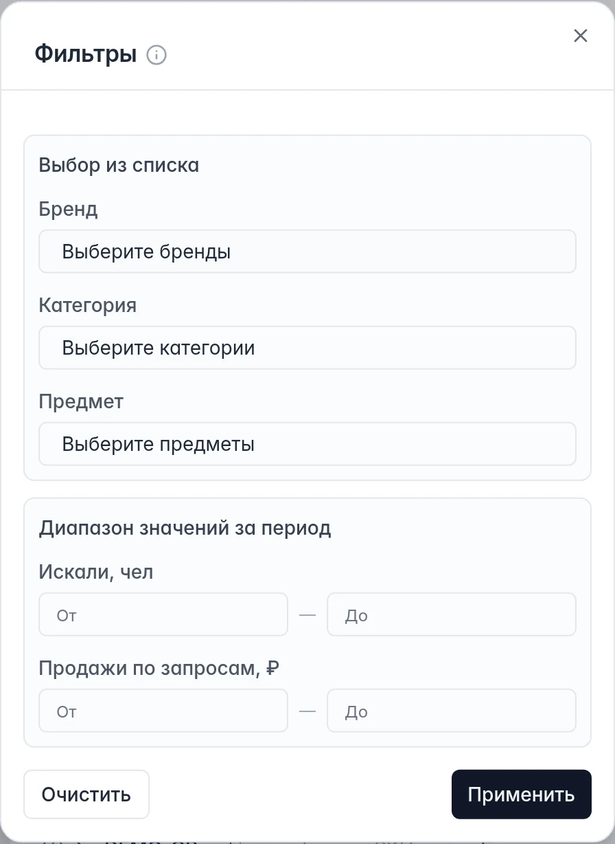 Фильтры запросов Ozon по бренду, категории, предмету, числу искавших и продажам из поиска