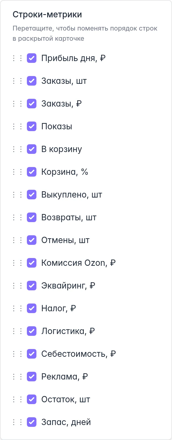 Меню метрик РНП Ozon с выбором показателей и изменением порядка строк