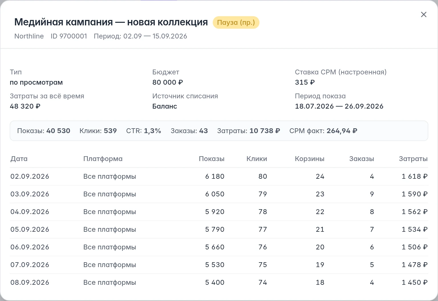 Карточка медиакампании WB: настроенная ставка, фактический CPM, бюджет и статистика по дням
