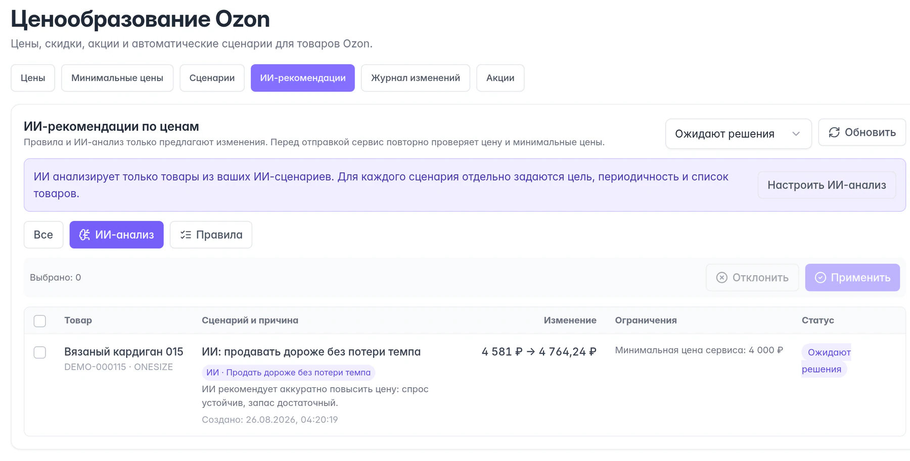 Рекомендации MPMind по ценам · реальный демонстрационный кабинет Ozon